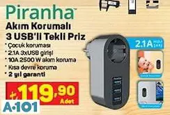 PİRANHA AKIM KORUMALI 3 USB'Lİ TEKLİ PRİZ